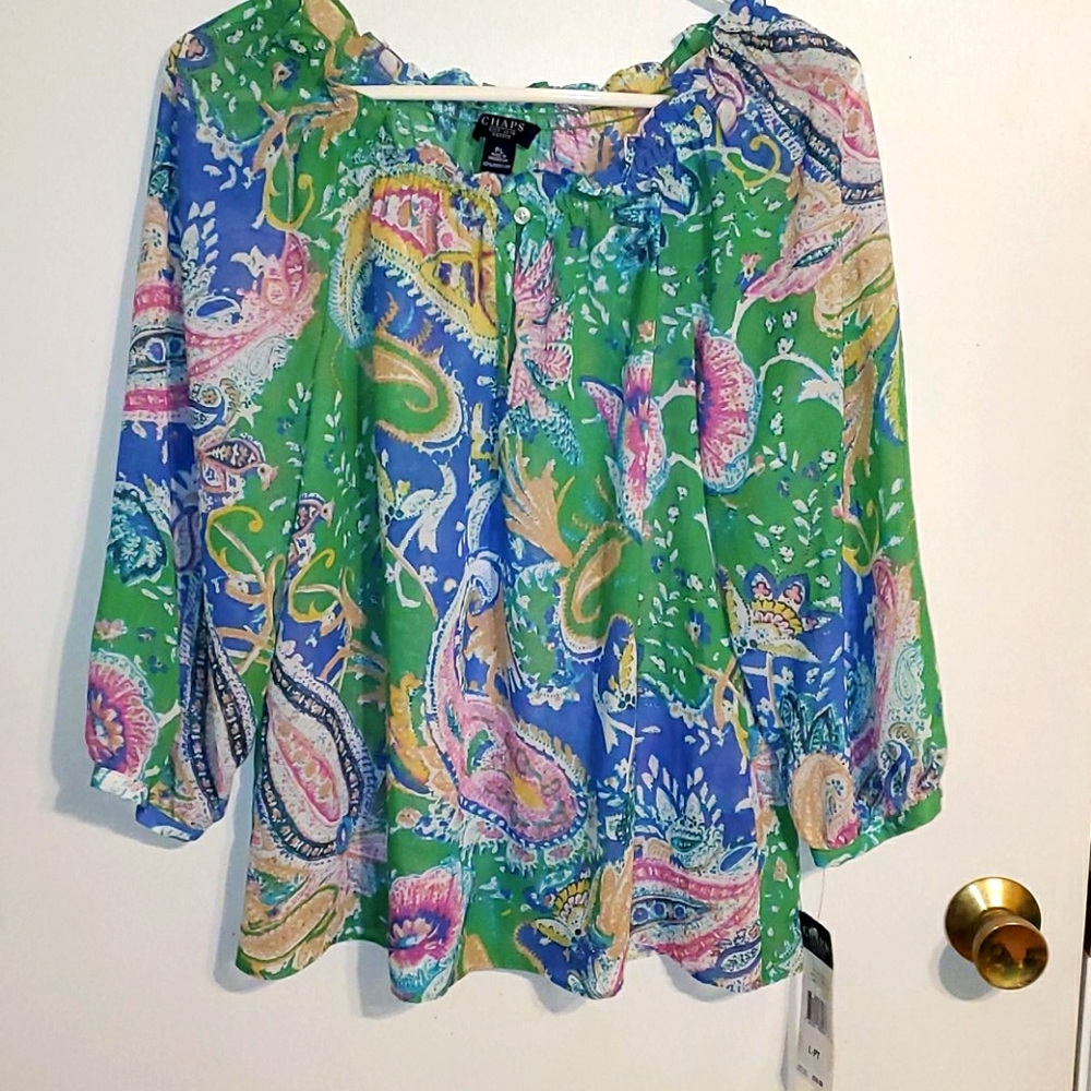 New Chaps womens LP thin sheer pastel paisley blouse